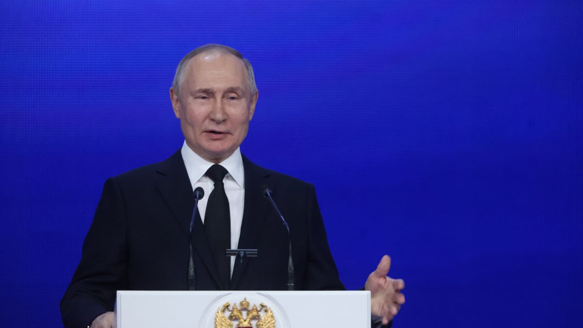 MOSCOW, RUSSIA - FEBRUARY 9: (RUSSIA OUT) Russian President Vladimir Putin speeches during an event marking the 100th anniversary of domestic civil aviation at the State Kremlin Palace, on February 9, 2023 in Moscow, Russia. The Russian aviation industry is under strong Western sanctions after the start of the military invasion on Ukraine. (Photo by Contributor/Getty Images)