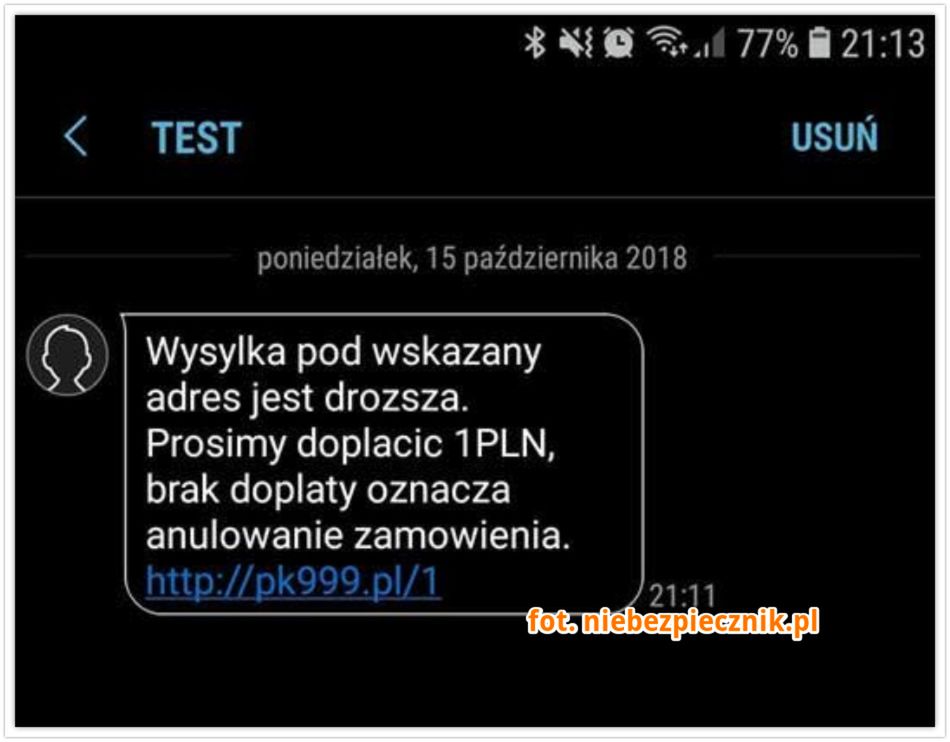 Treść podejrzanego SMS-a, źródło: Niebezpiecznik.