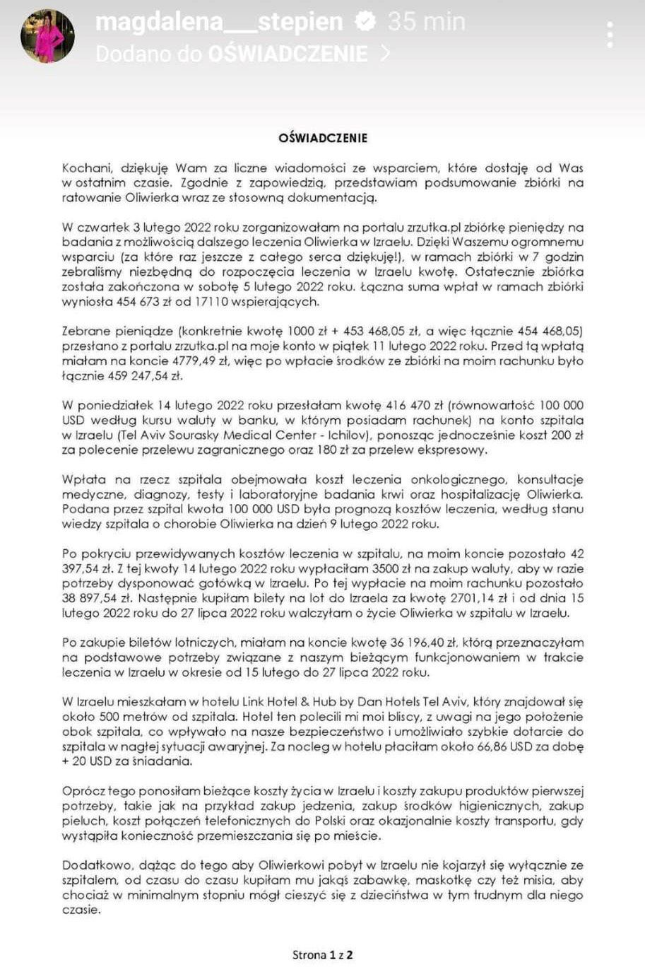 Magdalena Stępień opublikowała rozliczenie zbiórki dla Olwierka