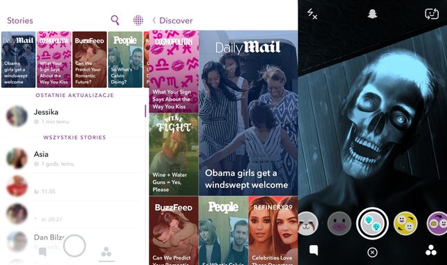 Interfejs Snapchata i przykład zastosowania filtru