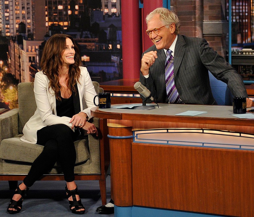 Late Show With David LettermanNEW YORK - AUGUST 4: Julia Roberts and Late Show host David Letterman share a laugh during Wednesday's taping of the Late Show with David Letterman August 4, 2010 on the CBS Television Network. (Photo by John P. Filo/CBS via Getty Images)CBS Photo Archive