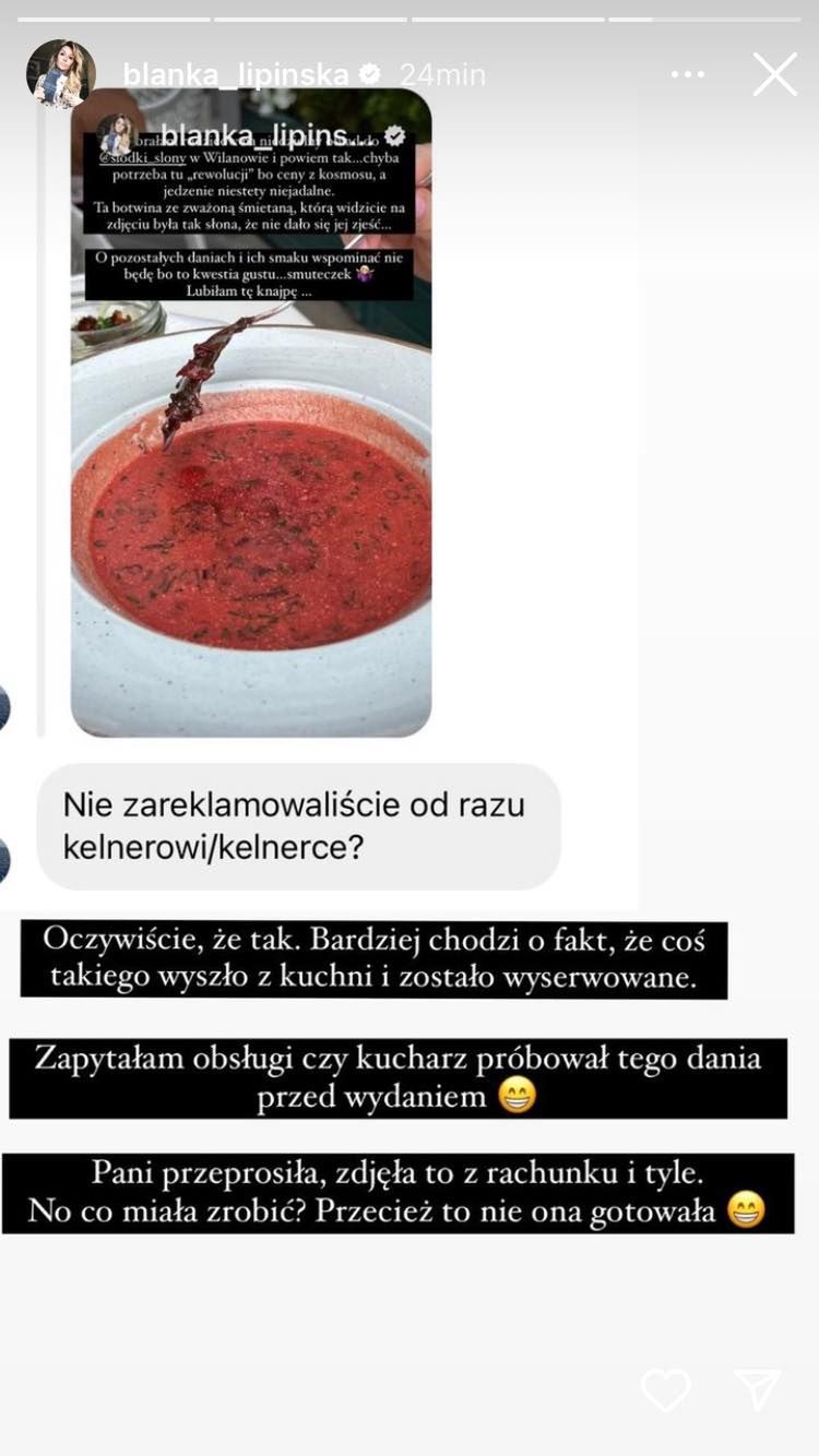 Blanka Lipińska psioczy na restaurację Magdy Gessler