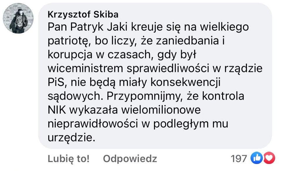 Wpis Krzysztofa Skiby na profilu Racjonalna Polska