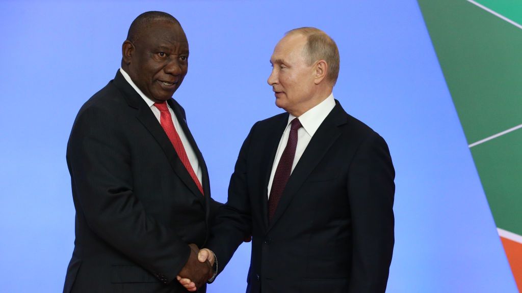 Russian President Vladimir Putin attends the Russia-Africa Summit in Sochi
SOCHI RUSSIA - OCTOBER,23 (RUSSIA OUT) Russian President Vladimir Putin (R) greets South African President Cyril Ramaphosa (L) during the welcoming ceremony at the Russia-Africa Summit in Black Sea resort of Sochi, Russia, October 23, 2019. Leaders of African countries have gathered in Sochi for two-days summit. (Photo by Mikhail Svetlov/Getty Images)
Mikhail Svetlov