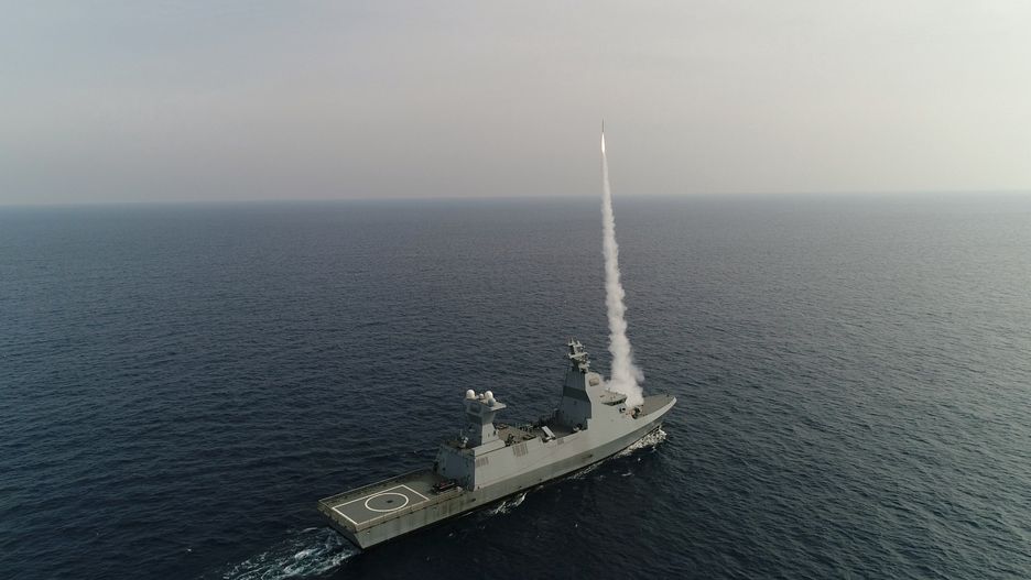 AT SEA - FEBRUARY 21: (----EDITORIAL USE ONLY - MANDATORY CREDIT ISRAELI MINISTRY OF DEFENCE - / HANDOUT" - NO MARKETING NO ADVERTISING CAMPAIGNS - DISTRIBUTED AS A SERVICE TO CLIENTS----) A missile is launched from the Sa'ar 6-class corvette during the series of live-fire tests of the naval version of its Iron Dome missile-defense system, called "C-Dome"at sea on February 21, 2022. (Photo by Israeli Ministry of Defence/Anadolu Agency via Getty Images)