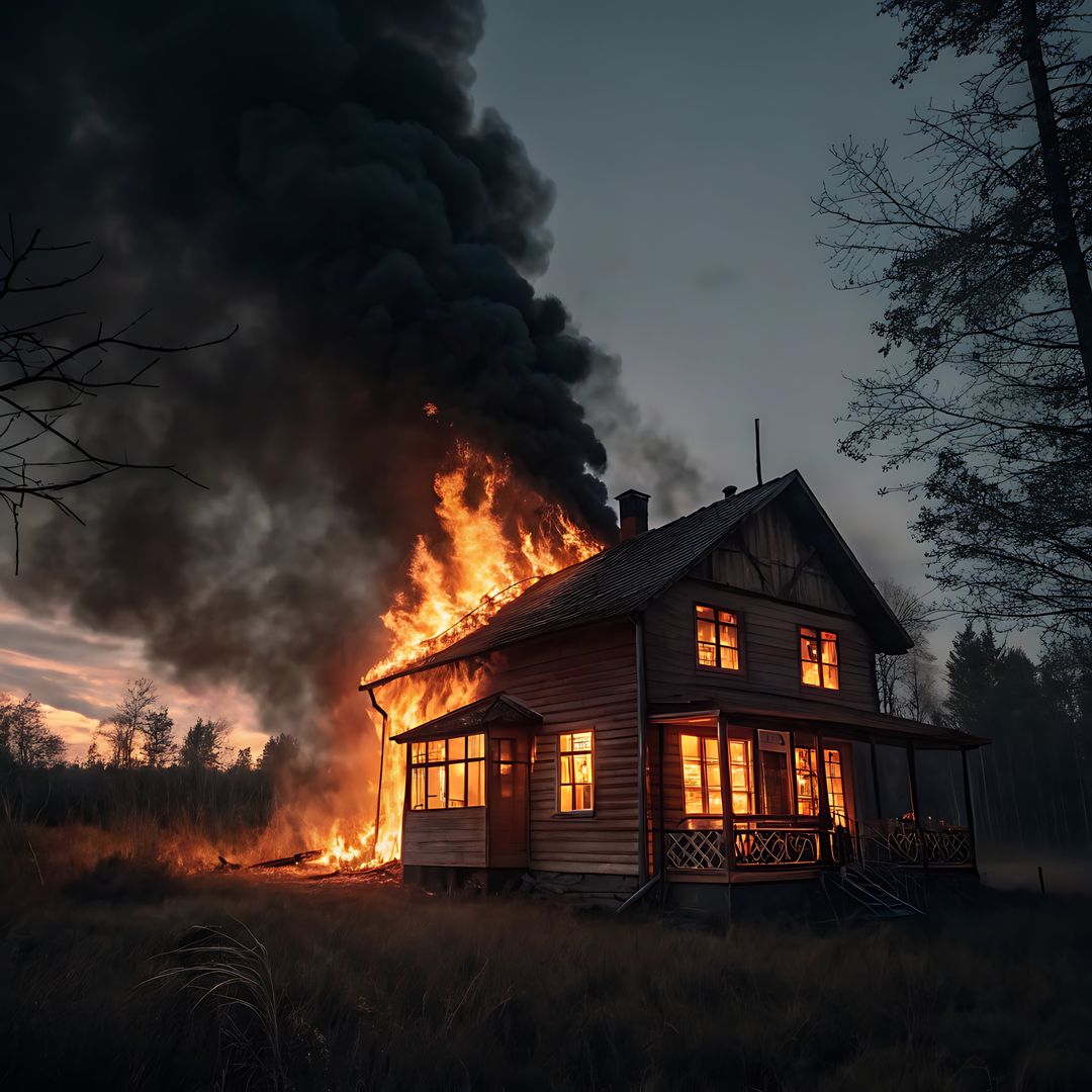 Burning wooden house at night, flames through roof and windows, thick black smoke.
Intense night fire, orange glow and smoke filling the sky.
house, fire, night, burning, wooden, blaze, smoke, flames, destruction, windows, roof, heat, emergency, disaster, structure, glowing, dark, ember, collapse, intense, orange, black sky, glowing roof, rural, architecture, tragedy, inferno, firelight, rooftop, dramatic, hot, glowing embers, flames out, smoke column, fire hazard, emergency fire, night scene, no people, dangerous, ash, flicker, darkness, heatwave, burnt house, catastrophe, high contrast, house, fire, night, burning, wooden, blaze, smoke, flames, destruction, windows, roof, heat, emergency, disaster, structure, glowing, dark, ember, collapse, intense, orange, black sky, glowing roof, rural, architecture, tragedy, inferno, firelight, rooftop, dramatic, hot, glowing embers, flames out, smoke column, fire hazard, emergency fire, night scene, no people, dangerous, ash, flicker, darkness, heatwave, burnt house, catastrophe, high contrast
