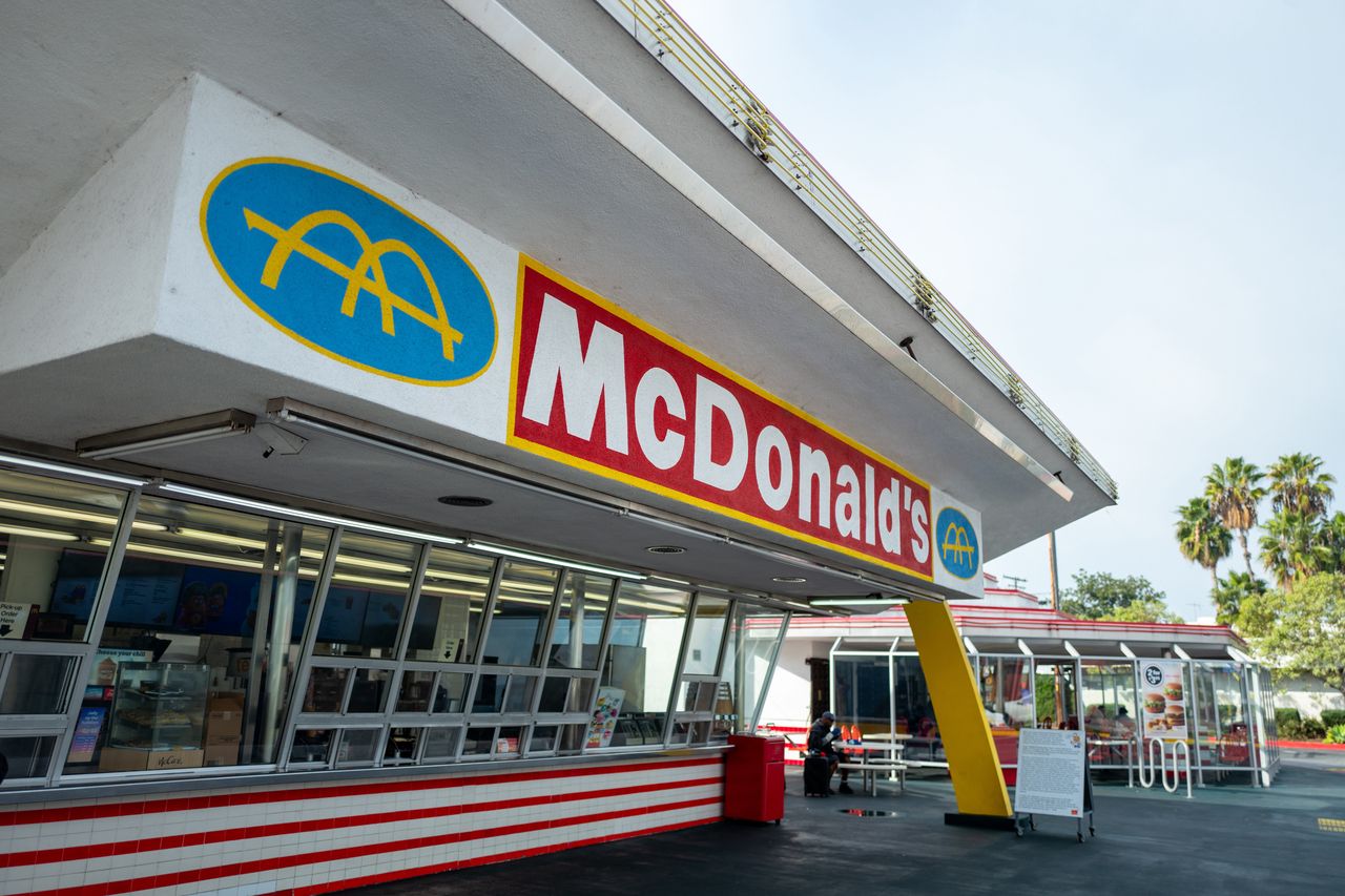 Facade of the oldest continuously operating McDonald's restaurant in the world, Downey, California, December 26, 2023. (Photo by Smith Collection/Gado/Getty Images)