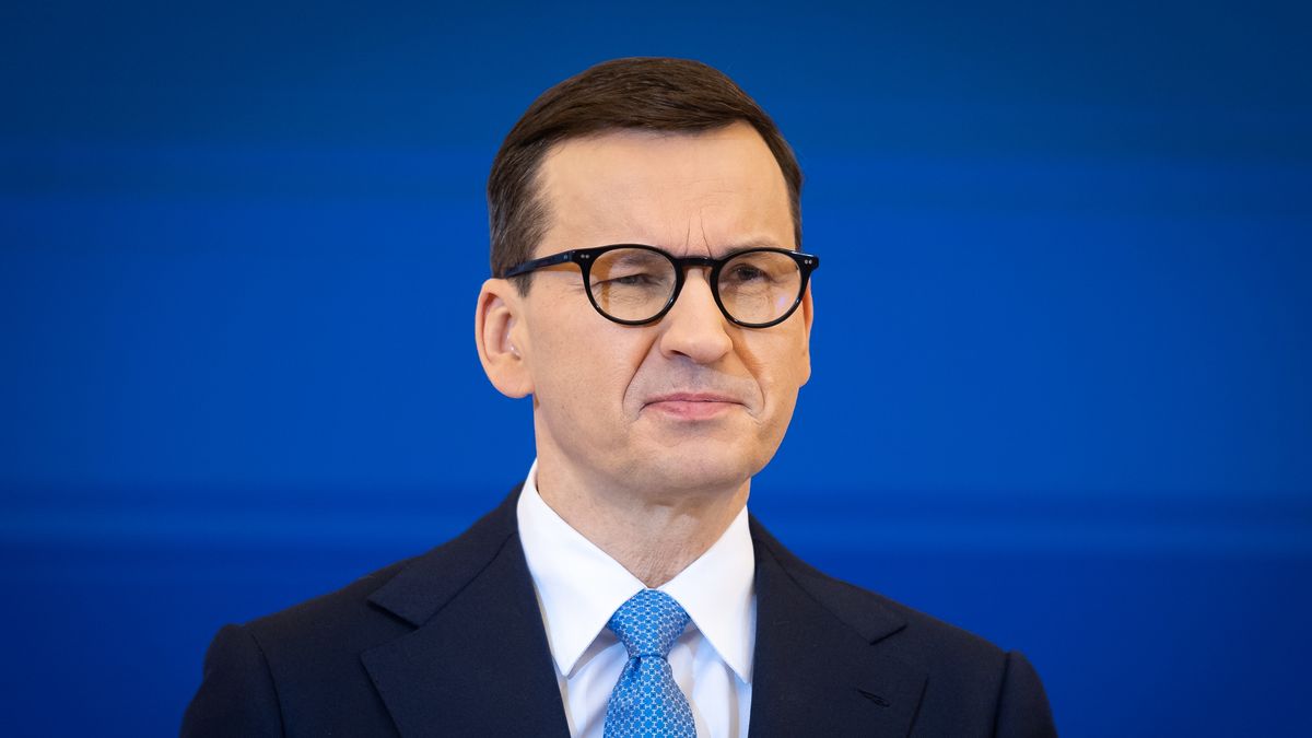 Prime Minister of Poland Mateusz Morawiecki, during a press conference on the increase in pensions, in Warsaw, Poland on 11 February 2022 (Photo by Mateusz Wlodarczyk/NurPhoto via Getty Images)