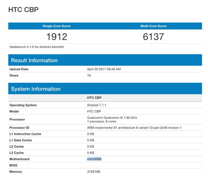 HTC U w bazie Geekbench