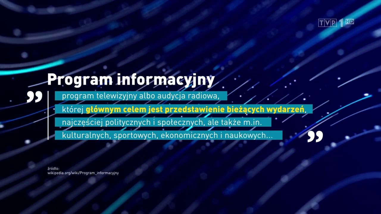 Plansza z definicją "programu informacyjnego" pokazana na początku "19:30"