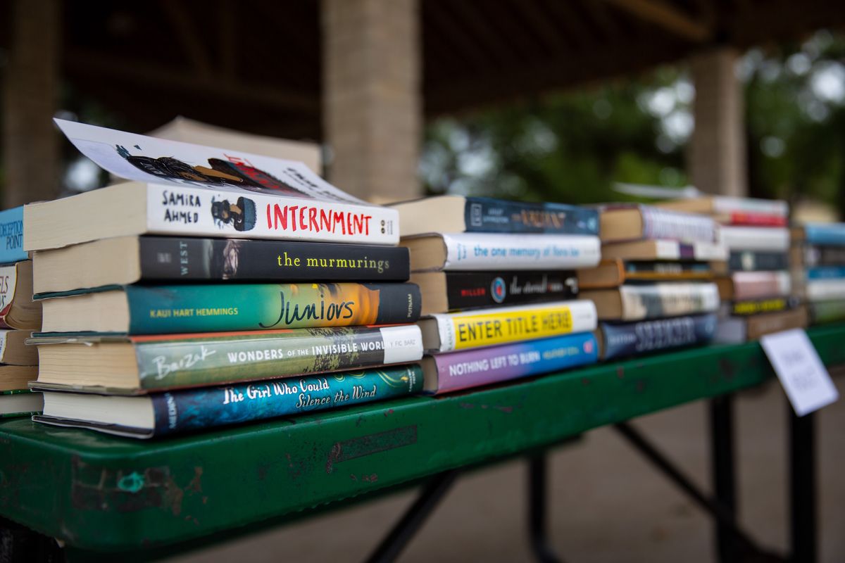 AUSTIN, TX - APRIL 23: Books on display at the Spring into FReadom rally at Elizabeth Milburn Park in Cedar Park, Texas on April 20, 2022. (Photo by Montinique Monroe for The Washington Post via Getty Images)