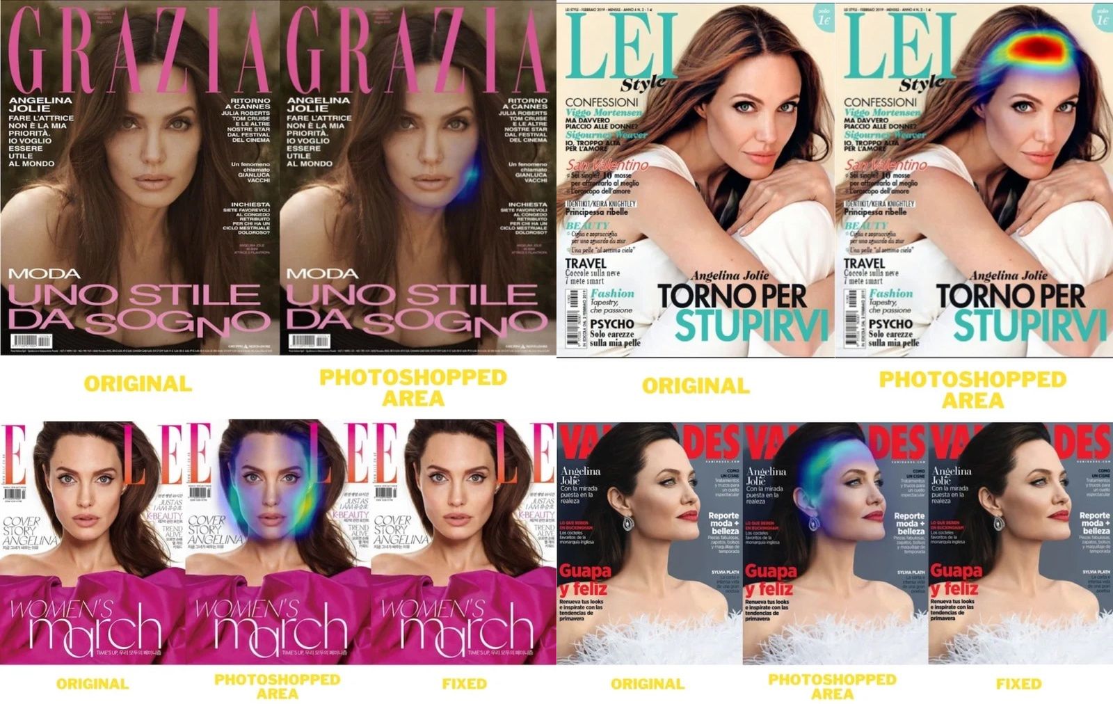 Mapy obróbki pokazują, jak została przerobiona twarz Angeliny Jolie.