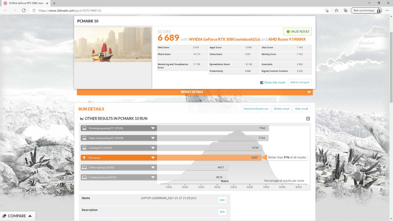 wynik testu z kartą mobilną GeForce RTX 3080 TGP 130