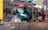 Mechanical Workers Carry Out Welding Operations In YangzhouYANGZHOU, CHINA - JUNE 13: A worker carries out welding operations at the workshop of a machinery manufacturing enterprise on June 13, 2025 in Yangzhou, Jiangsu Province of China. (Photo by Meng Delong/VCG via Getty Images)VCGenterprise, machine, china, manual worker, production