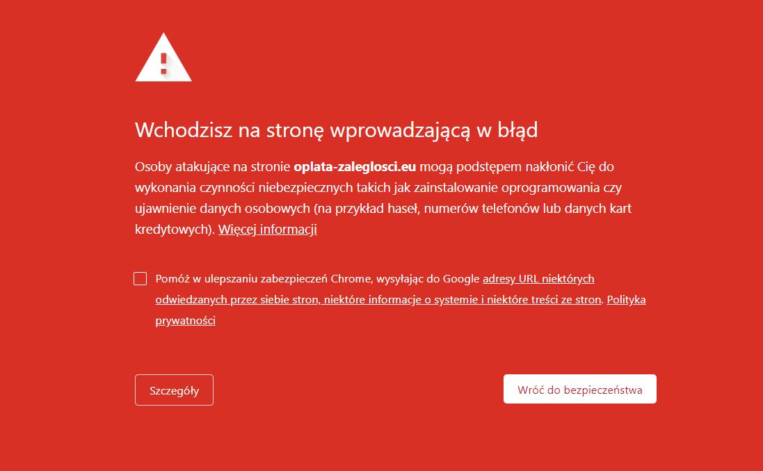 Ostrzeżenie o niebezpiecznej witrynie w Google Chrome.