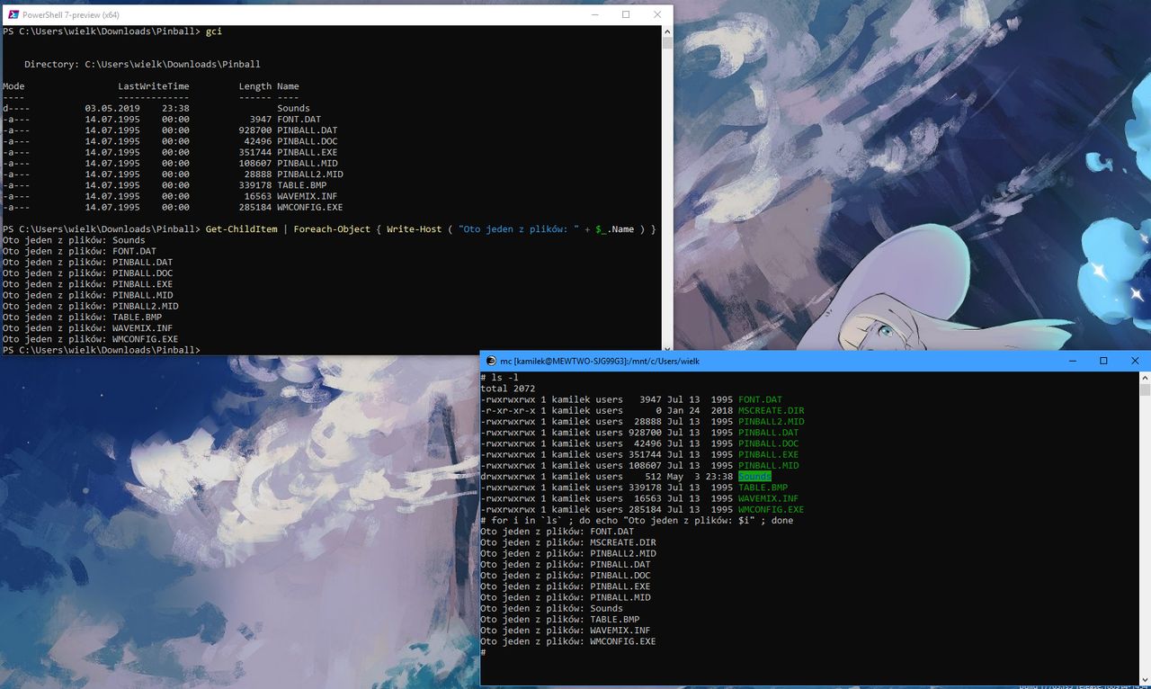 Dwa światy: konsola PowerShell i bash, pracujące pod kontrolą Windows 10