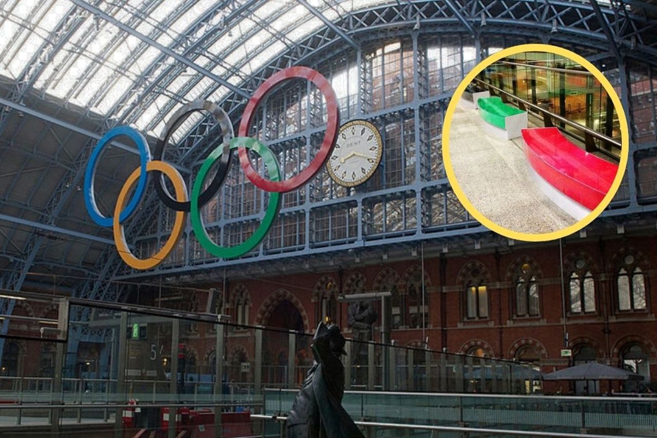 Olympic rings from London used as benches at the station