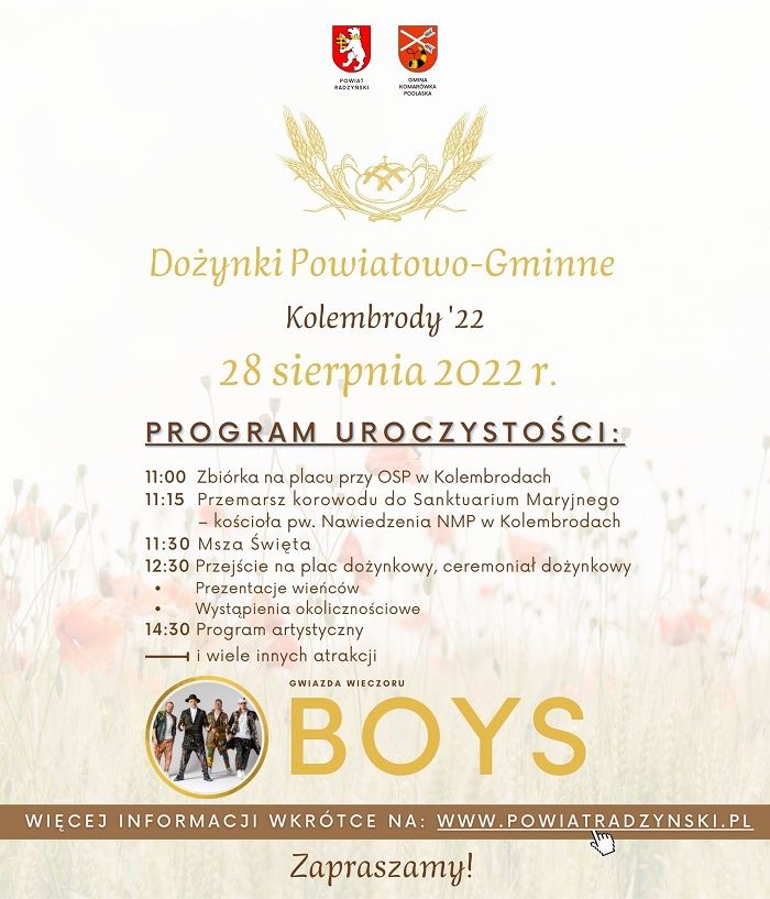 Dożynki Powiatu Radzyńskiego Kolembrody 2022 - program