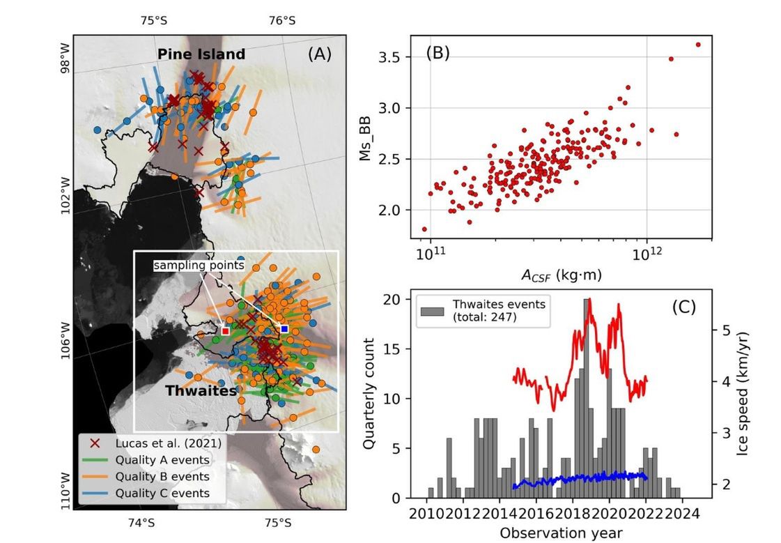 Kolorowe kropki reprezentują zdarzenia sejsmiczne