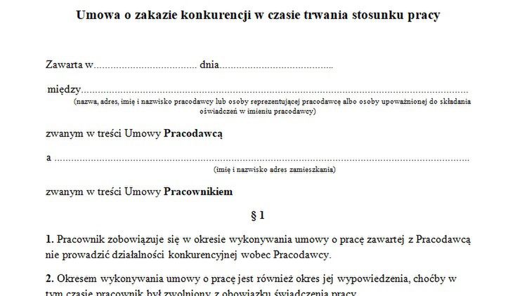 Wzór umowy o zakazie konkurencji do pobrania