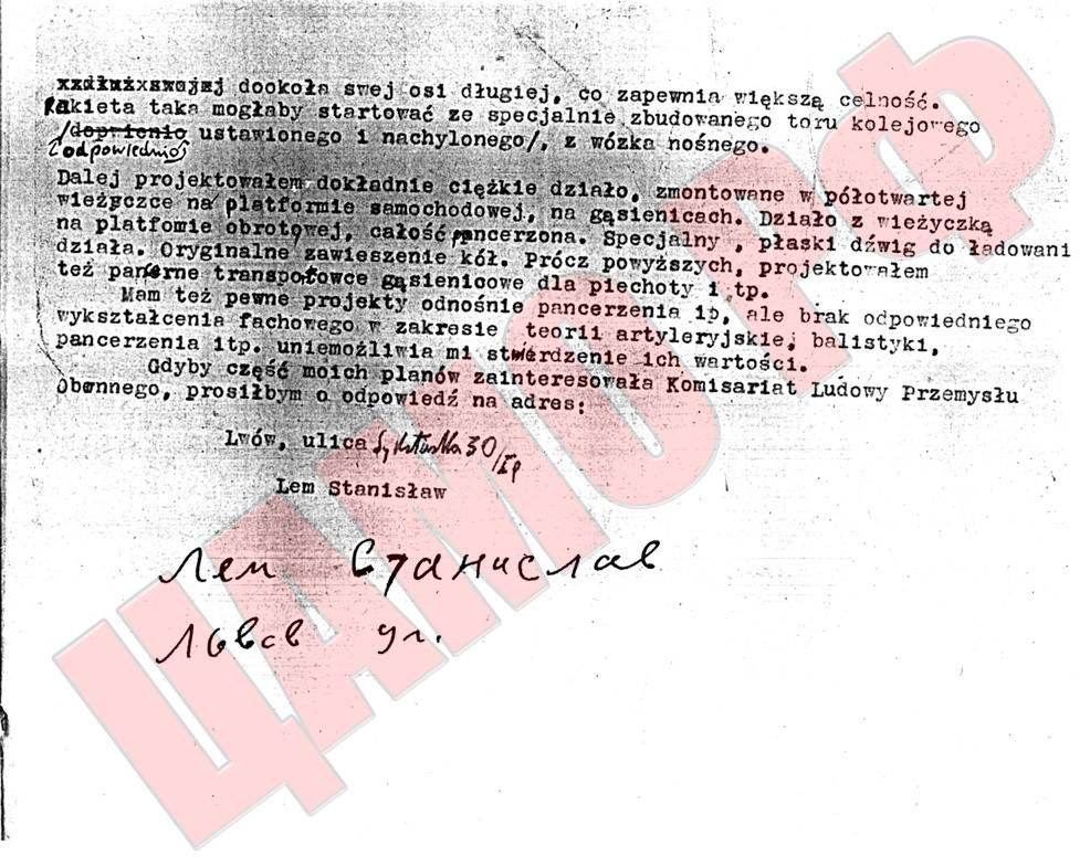 Fragment listu Stanisława Lema