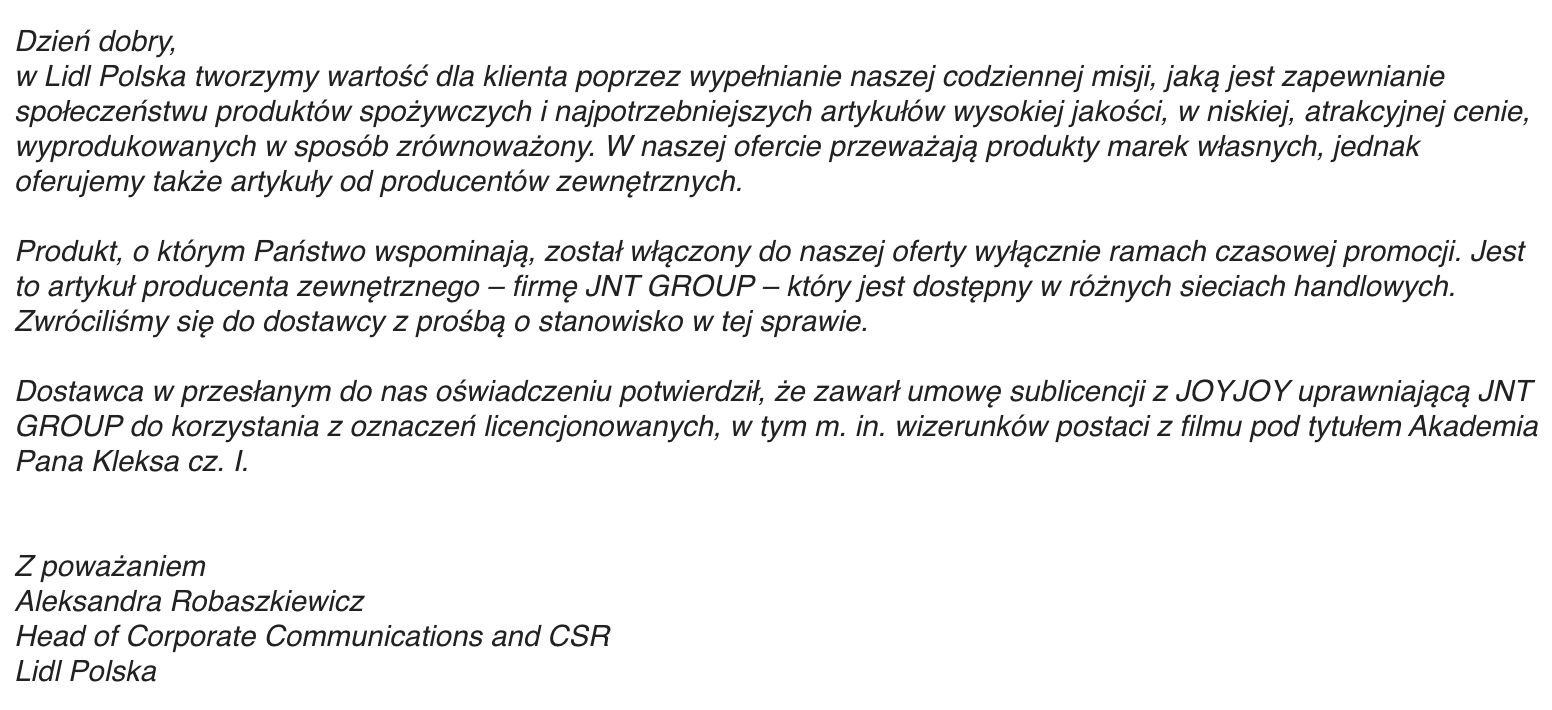 oświadczenie Lidla
