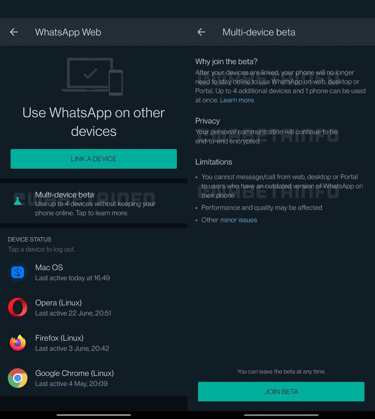 Interfejs obsługi wielu urządzeń przez WhatsAppa