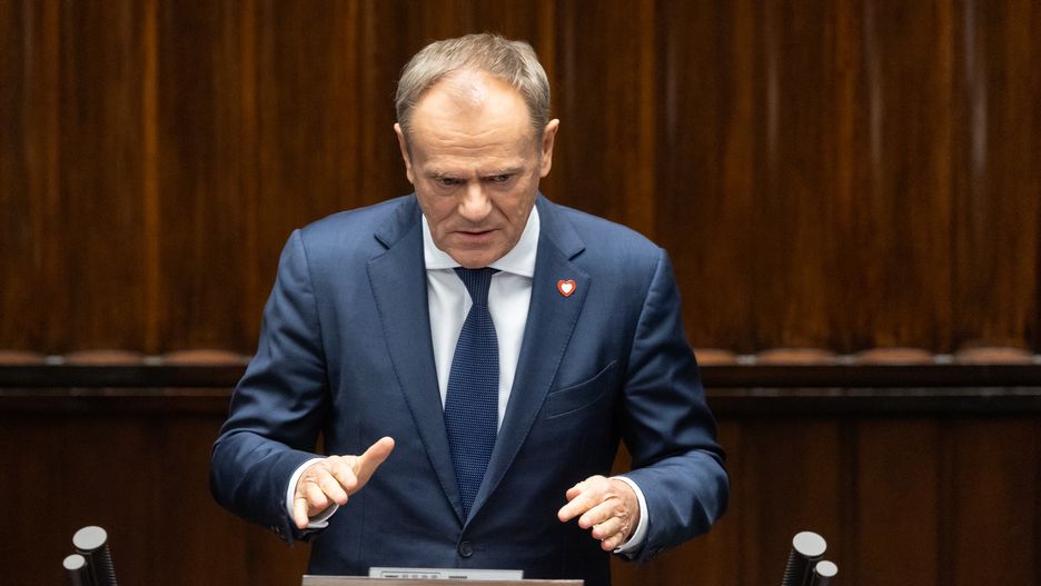 Donald Tusk is participating in the parliamentary debate on the appointment of his government in Warsaw, Poland, on December 12, 2023. (Photo by Foto Olimpik/NurPhoto via Getty Images)