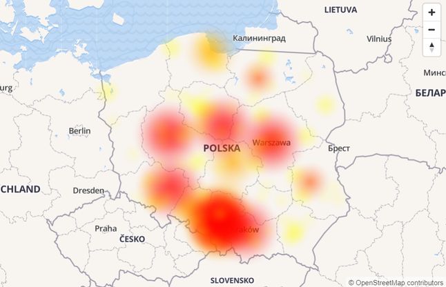 Bieżące awarie w T-mobile, źródło: downdetecor.pl.