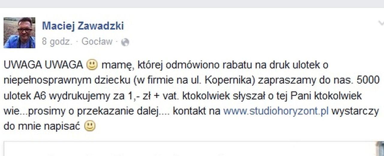 Wydrukuje mamie niepełnosprawnej Zuzi 5 tys. ulotek. Za złotówkę