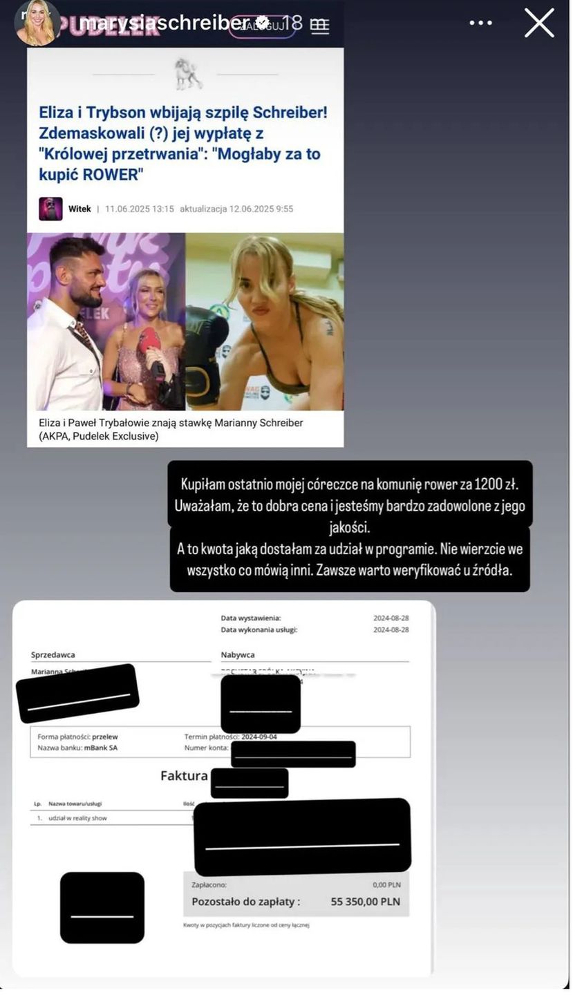 Marianna Schreiber pokazała fakturę za "Królową Przetrwania"