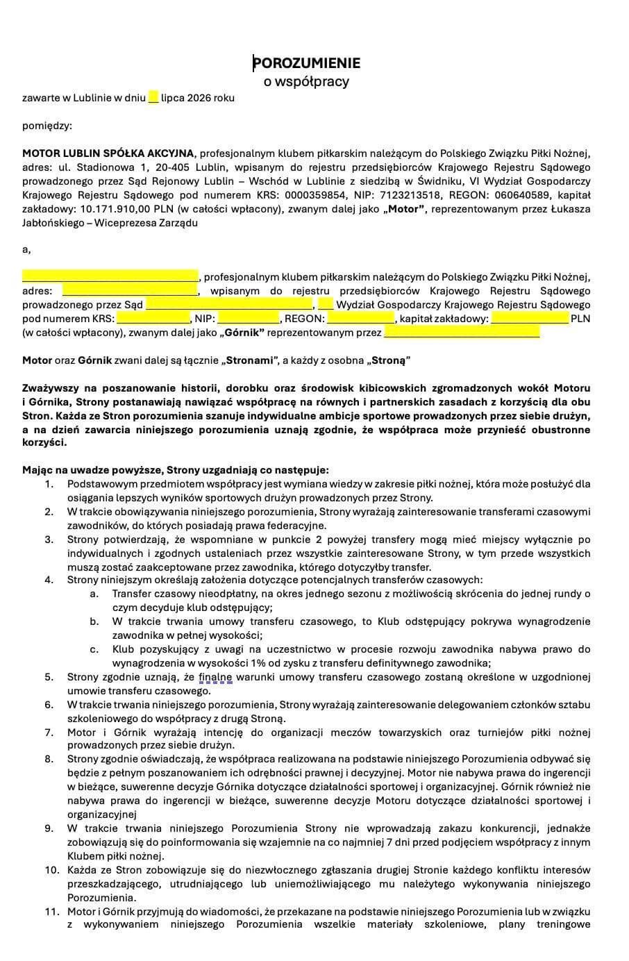 Projekt porozumienia pomiędzy Motorem Lublin a Górnikiem Łęczna