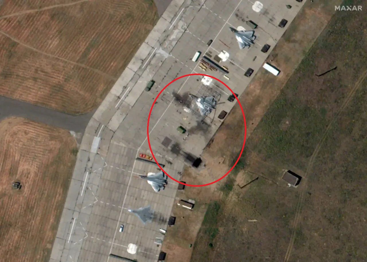 A satellite image showing destruction at a Russian airport