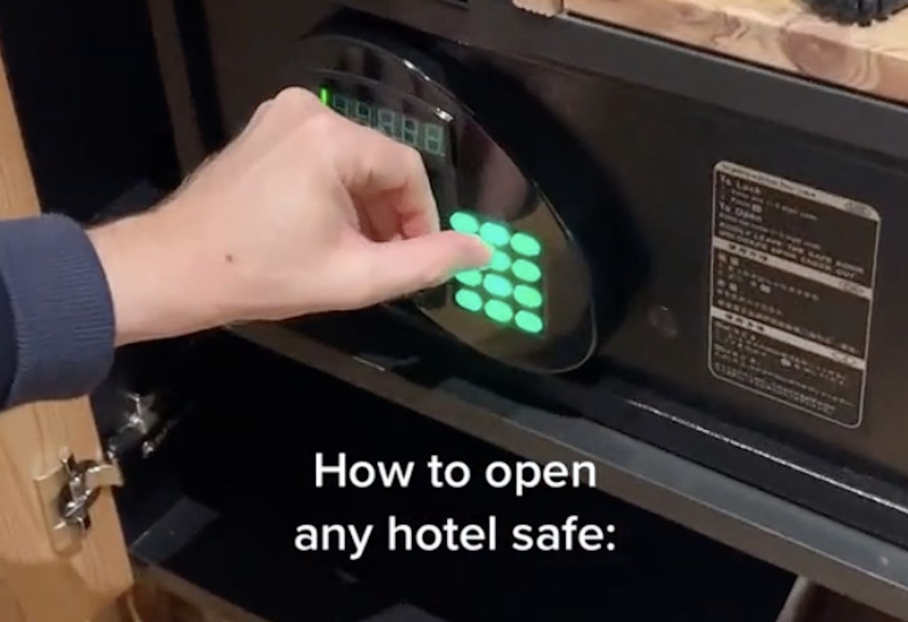 The TikToker shows how to open a hotel safe.