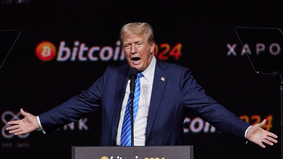 NASHVILLE, TN -  Donald Trump reacts at the 2024 Bitcoin Conference in Nashville, TN. (Photo by Johnnie Izquierdo for The Washington Post via Getty Images)