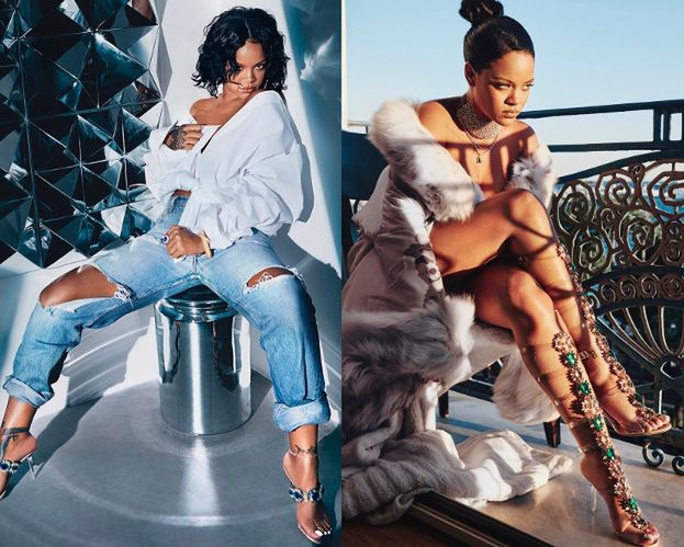 Rozkraczona Rihanna w butach z własnej kolekcji