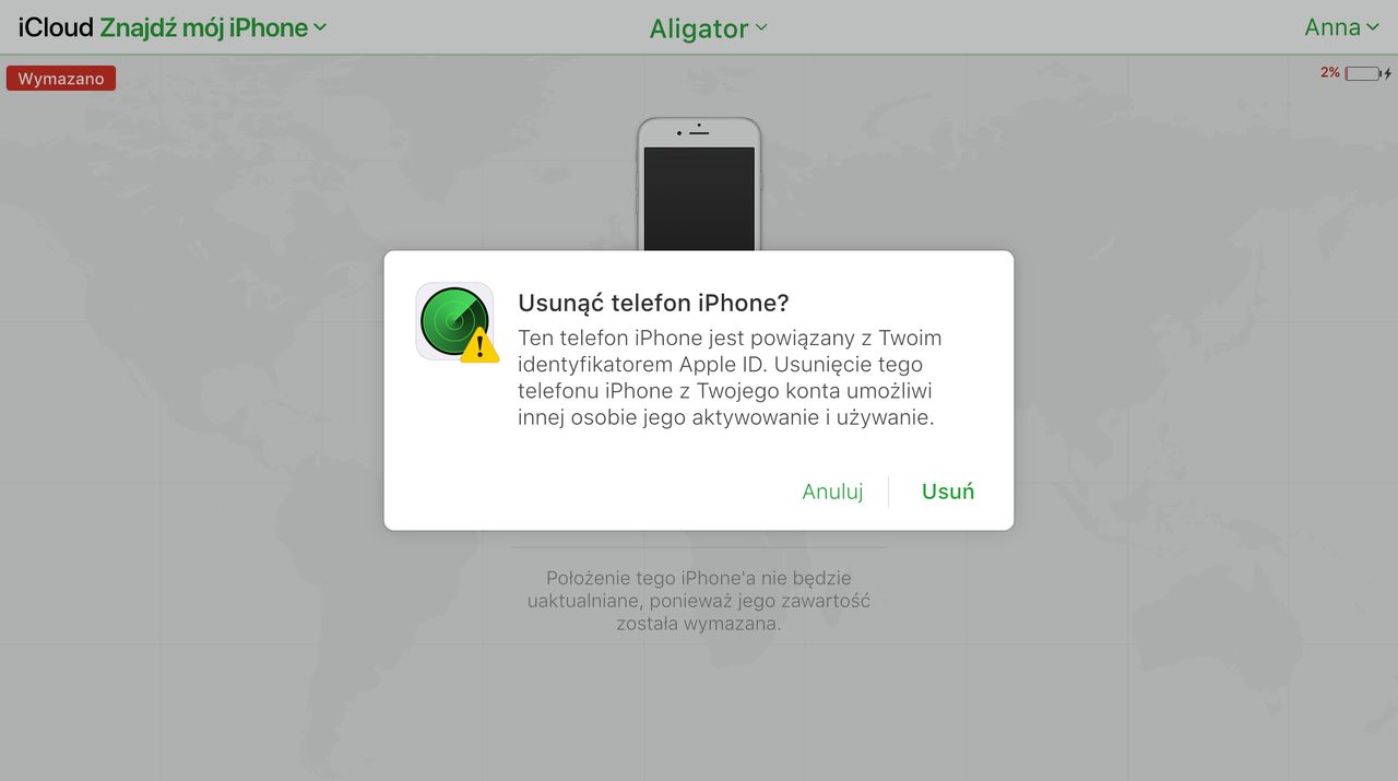 Potwierdzenie usunięcia iPhone'a z mojego konta iCloud
