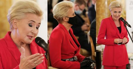 Uzbrojona w maseczkę i rękawiczki Agata Duda przemawia na gali Lodołamacze 2020. Zadała szyku? (ZDJĘCIA)