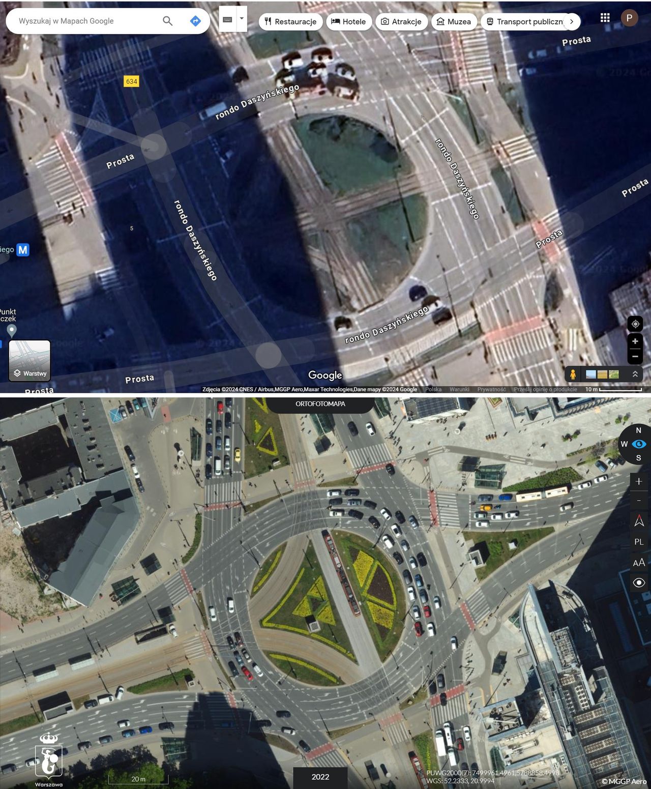 Porównanie zdjęć Ronda Daszyńskiego w Warszawie - zdjęcie satelitarne z Google Maps (u góry) i zdjęcie lotnicze z UM Warszawa (na dole)