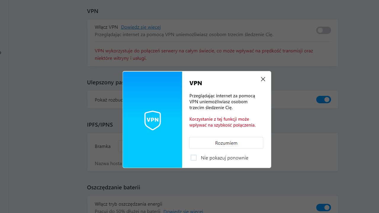 Opera: okno do potwierdzenia aktywacji VPN