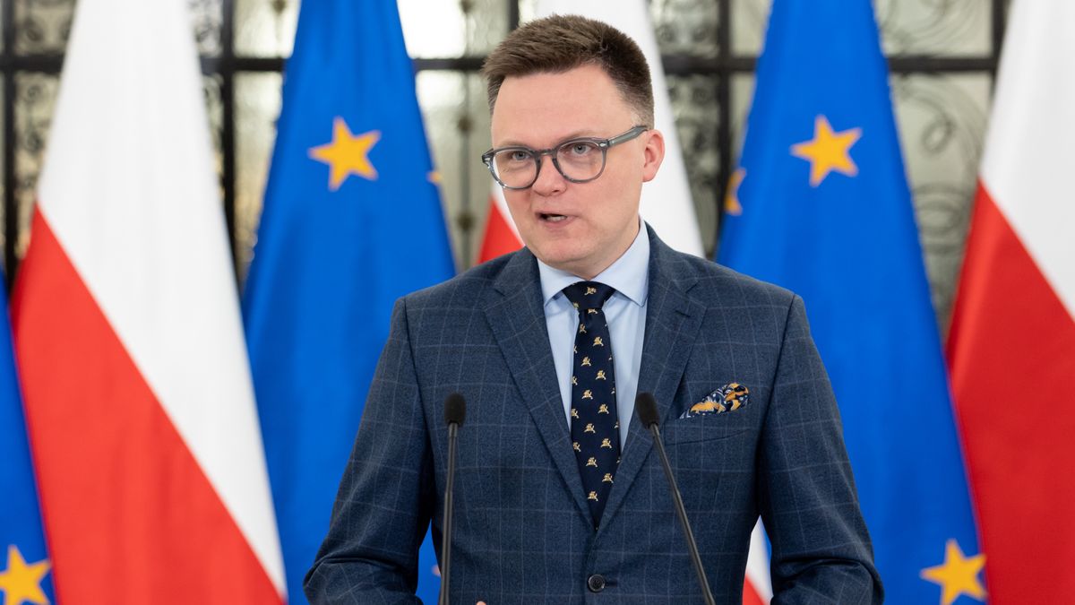 Marshal of the Sejm Szymon Holownia is speaking at a press conference in Warsaw, Poland, on February 20, 2024. (Photo by Foto Olimpik/NurPhoto via Getty Images)