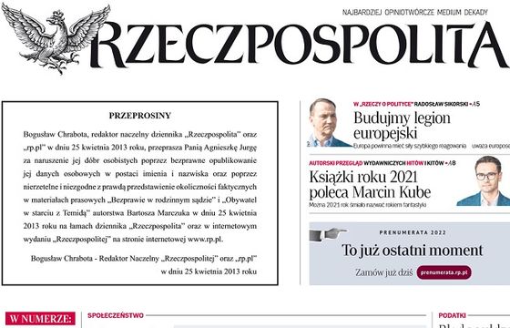 „Rzeczpospolita” na pierwszej stronie przeprasza sędzię za tekst sprzed 8 lat