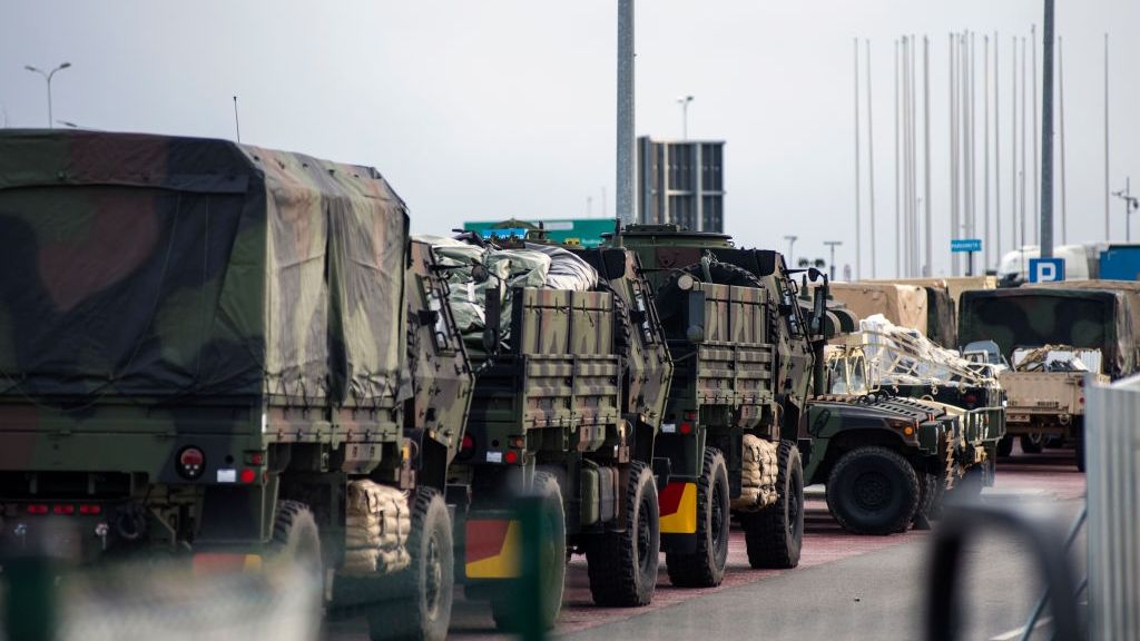 US Army trucks are seen in a military base in Jasionka.
JASIONKA, PODKARPACKIE, POLAND - 2022/02/23: US Army trucks are seen in a military base in Jasionka.
American soldiers arrived in Poland after Pentagon announced additional forces needed. They moved from the United States to Europe, to strengthen NATO's eastern flank. US soldiers from the 82nd Airborne Division created a small military base and a storage for their equipment next to the airport in Jesionka, southern Poland. (Photo by Attila Husejnow/SOPA Images/LightRocket via Getty Images)
SOPA Images
us army trucks, trucks, army trucks, vehicle, vehicles, military bases, nato's eastern flank, 82nd, airborne division, airports, us troop, us troops