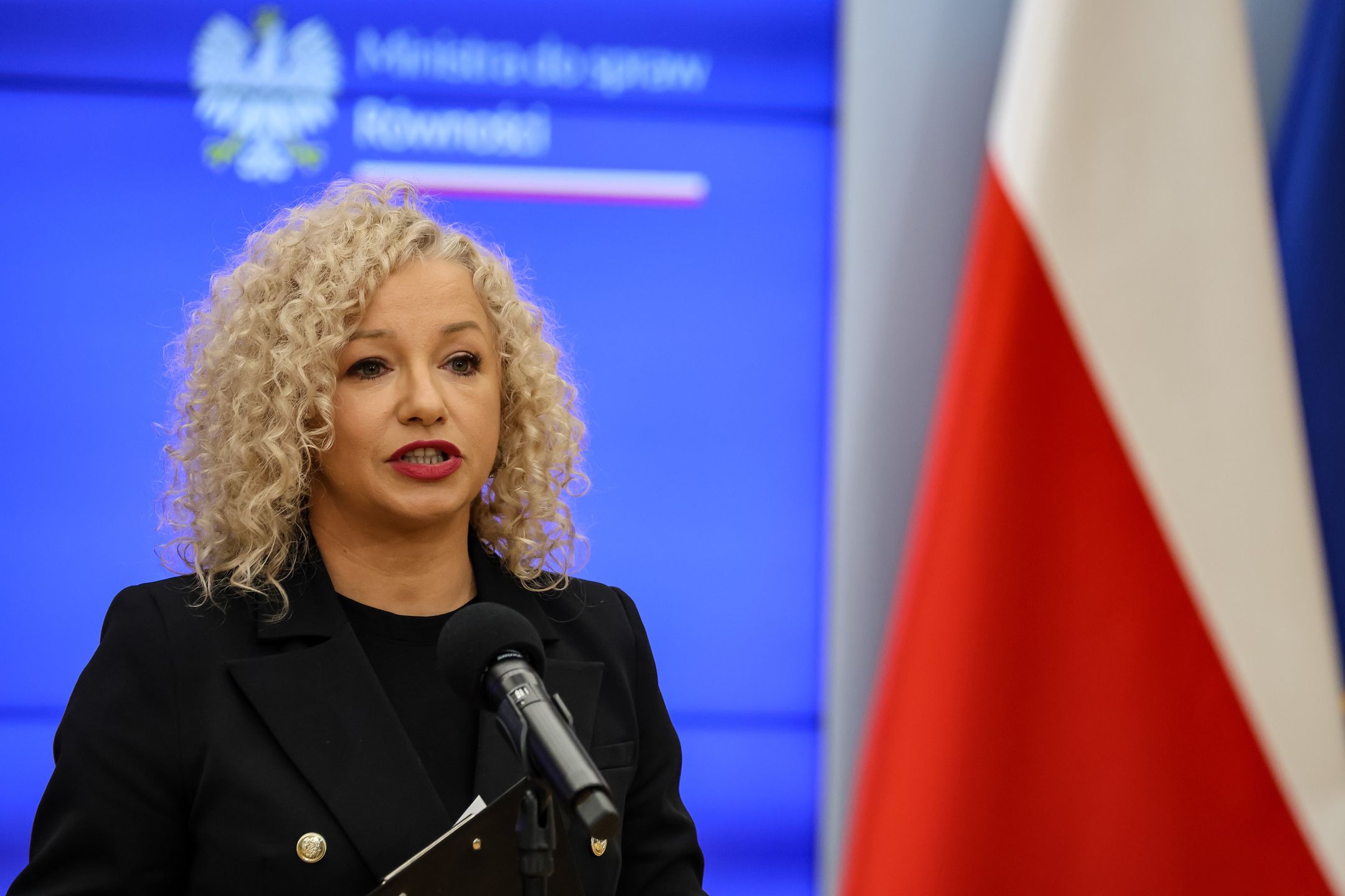 Minister of Equality, Katarzyna Kotula speaks during a press conference dedicated to LGBTQ+ groups equality in Polish schools in the Chancellery of the Prime Minister of Poland in Warsaw, the capital on February 5, 2024. Current government took over power in Poland on December 13 2023 from the Law and Justice far-right political party, which has ruled for 8 years. Law and Justice marginalized LGBRQ+ peoples. The Minister says it is important to take LGBTQ+ young people under more systematic care because, as research shows, the group has more tendency to be discriminated that leads to depressions and suicides. (Photo by Dominika Zarzycka/NurPhoto via Getty Images)