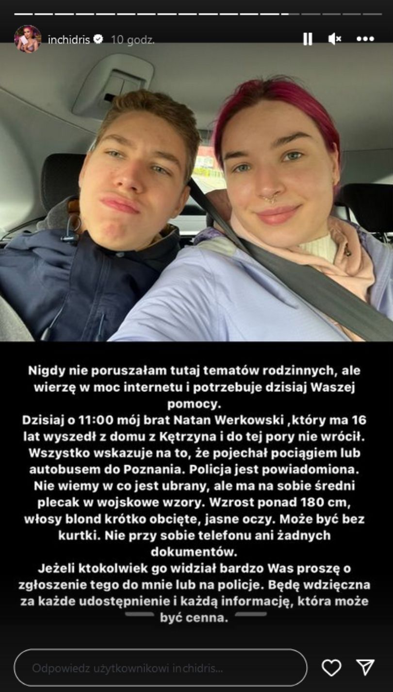 Zaginął brat Inchidris. Influencerka prosi fanów o pomoc