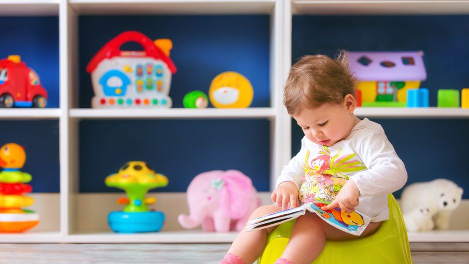 NARstudiobaby, potty, toilet, girl, smiling, happy, pot, child, kid, toddler, bathroom, sitting, little, behavior, cute, adorable, yellow, chamber, healthy, home, learning, first, lavatory, nursery, hygiene, reading, book, education, gesture, toys, room, modern, colorful