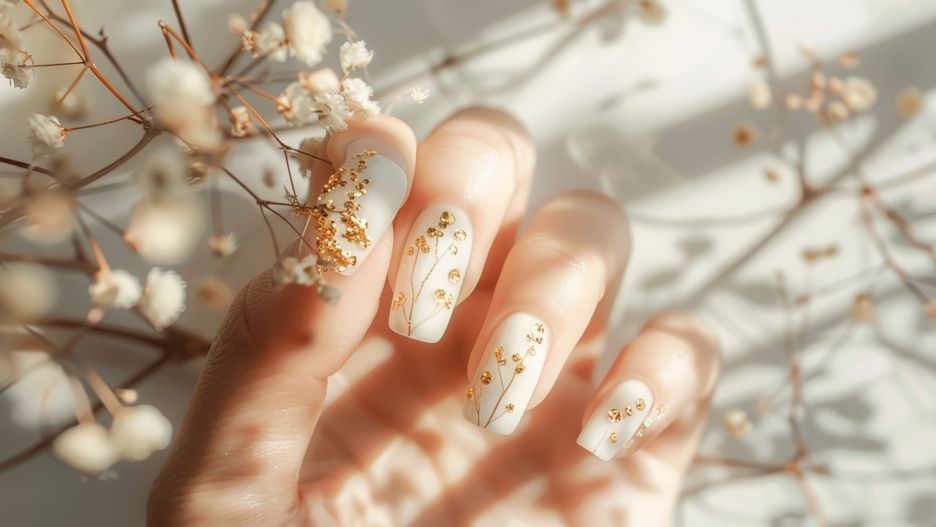Closeup of Elegant Nail Art with Gold Delicate Flowers
nail art,nails,manicure,gold,flowers,glitter,white,delicate,elegant,beauty,fashion,art,design,closeup,hand,finger,polish,spa,salon,style,trend,female,feminine,luxury,glamour,natural,minimalism,boho,wedding,bride,party,event,spring,summer,pastel,soft,pretty,gorgeous, nail art, nails, manicure, gold, flowers, glitter, white, delicate, elegant, beauty, fashion, art, design, closeup, hand, finger, polish, spa, salon, style, trend, female, feminine, luxury, glamour, natural, minimalism, boho, wedding, bride, party, event, spring, summer, pastel, soft, pretty, gorgeous