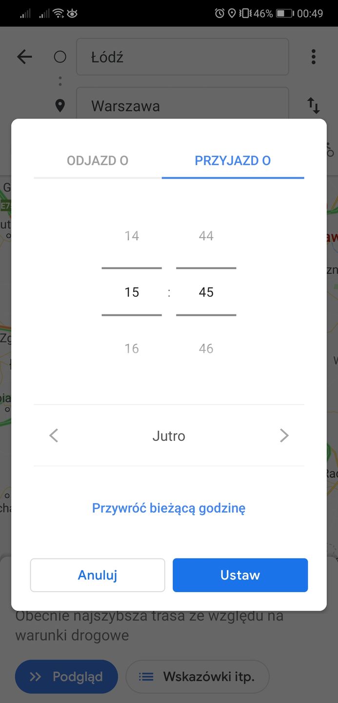 Wskazać można czas odjazdu lub planowany moment przybycia na miejsce.