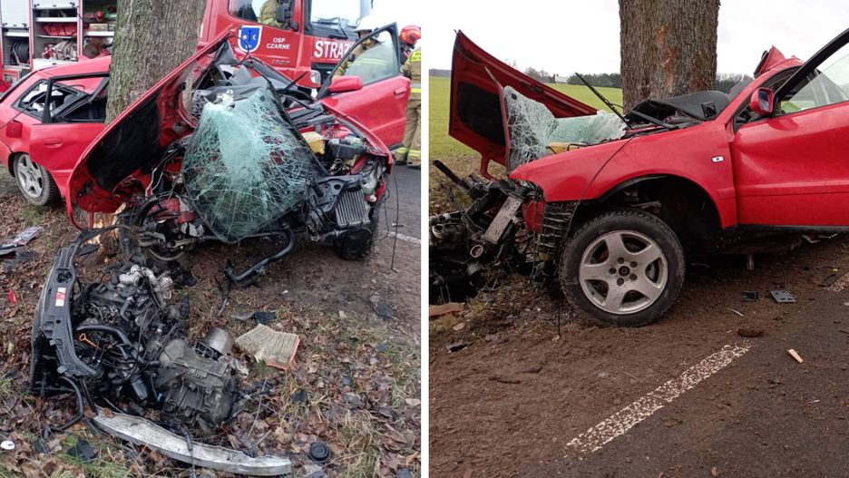 Samochód osobowy uderzył w drzewo.