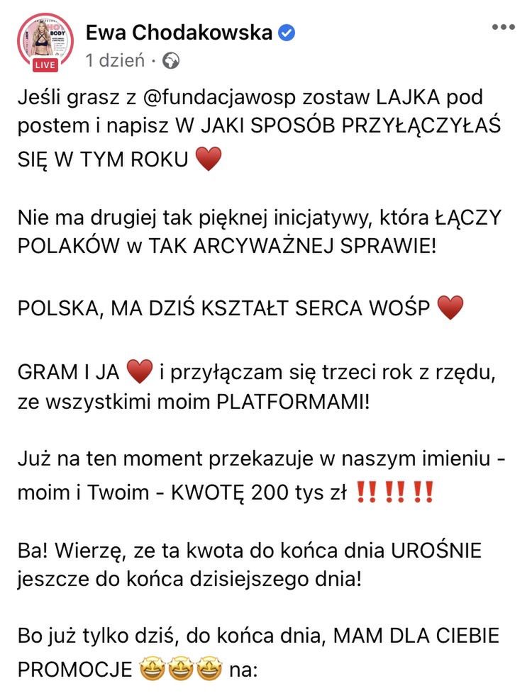 Ewa Chodakowska przekazała na WOŚP 200 tys. zł